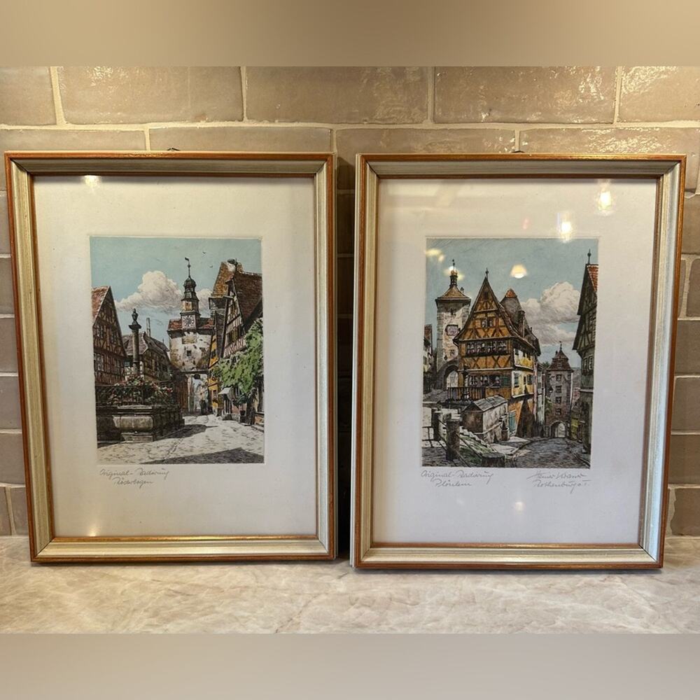 Heiner Krasser Two Original Etchings of Rothenburg Plonlein, Pencil Signed